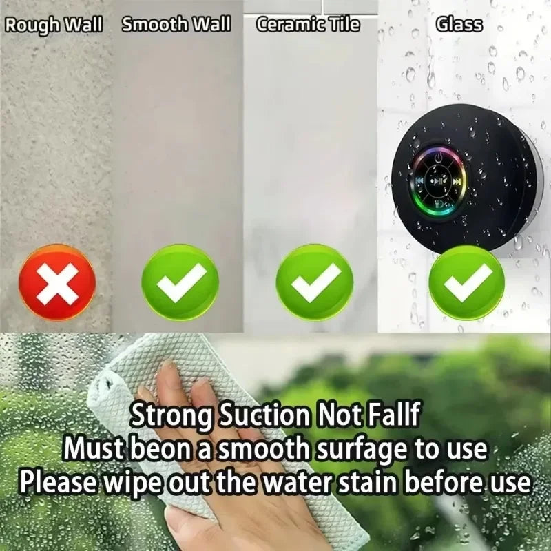 Mini Waterproof Bluetooth Speaker – LED, Suction Cup, Portable Shower & Outdoor Use