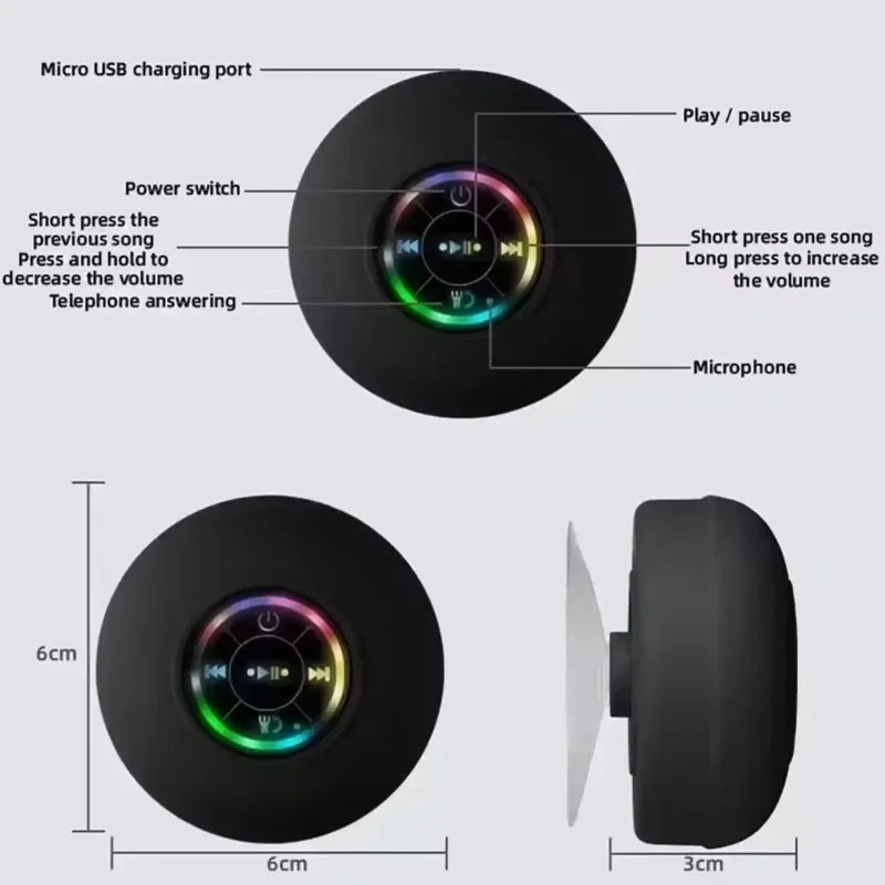 Mini Waterproof Bluetooth Speaker – LED, Suction Cup, Portable Shower & Outdoor Use