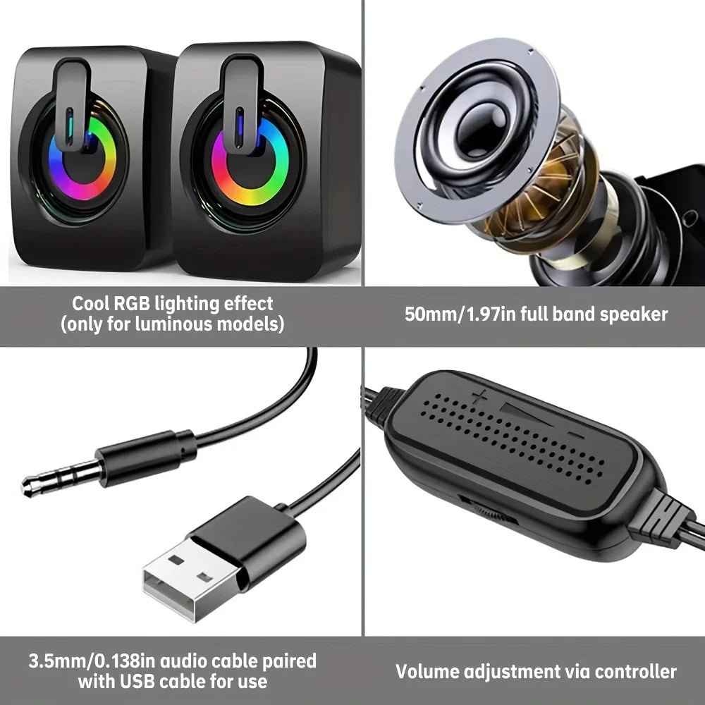 USB Computer Speakers with LED – HiFi Stereo Sound Bar with Microphone for Desktop PC & Laptop